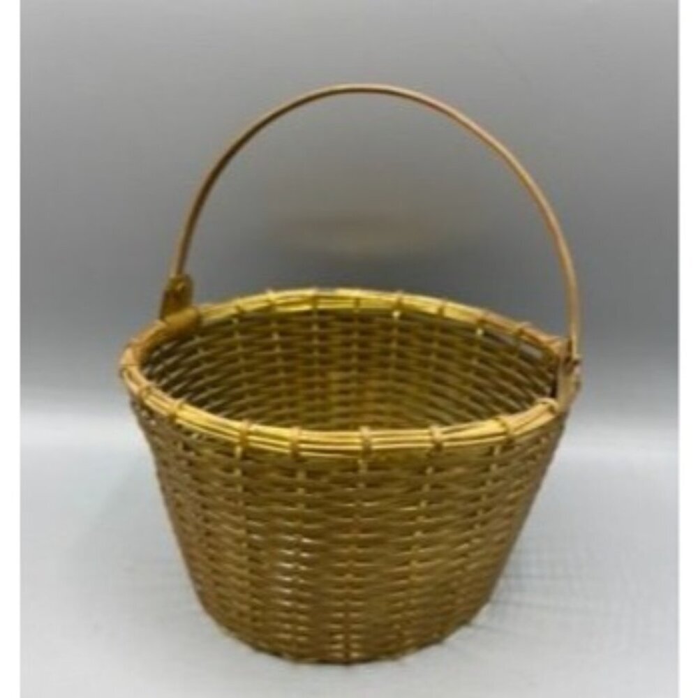 Vtg Metal Brass Tone Woven Metal Basket With Handle Made In India